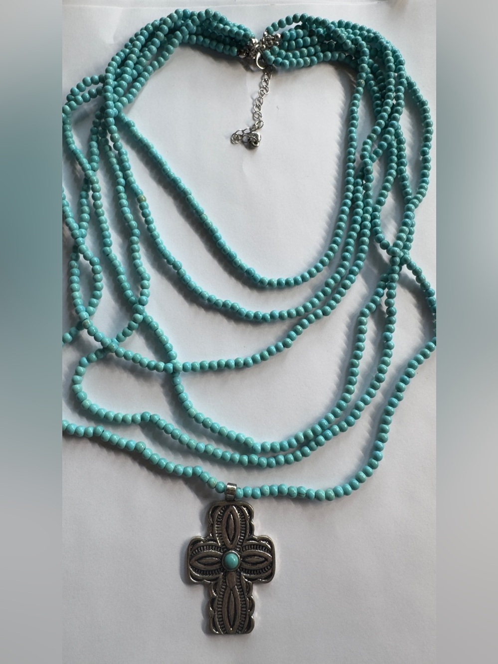 Shyanne Turquoise 12” adjustable Multi-Strand Beaded Necklace with Cross Pendant